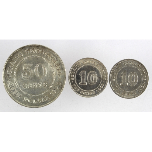 278 - Malaysia, Straits Settlements (3) silver: 10 Cents 1882H EF, 10 Cents 1901 AU, and 50 Cents 1921 EF.