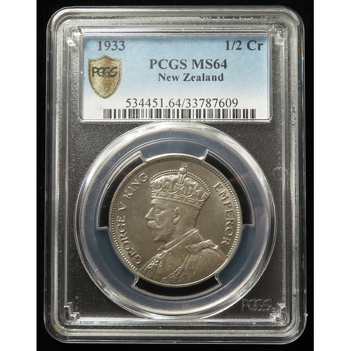 288 - New Zealand Halfcrown 1933 slabbed PCGS MS64, books US$350 on NGC.