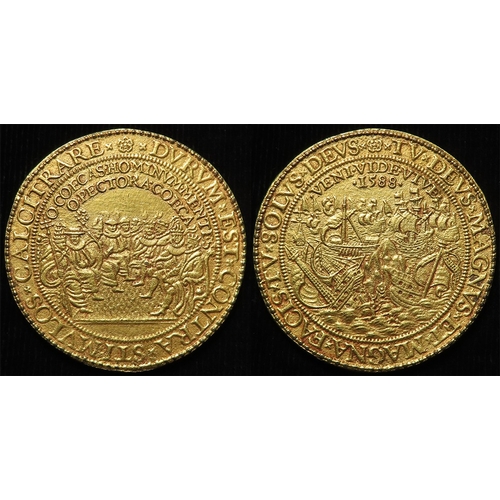 361 - Elizabeth I, Defeat of the Spanish Armada 1588 commemorative medal by G. van Bylaer, gilt cast bronz... 