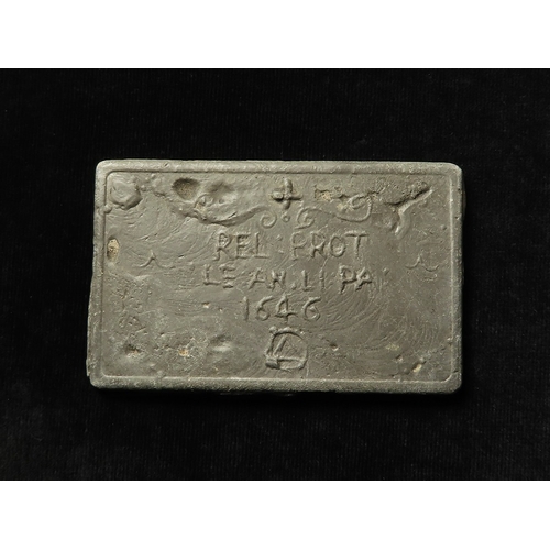 373 - Artefact: Reportedly an English Civil War grave marker (unnamed) found at Newark, made of lead 108x6... 