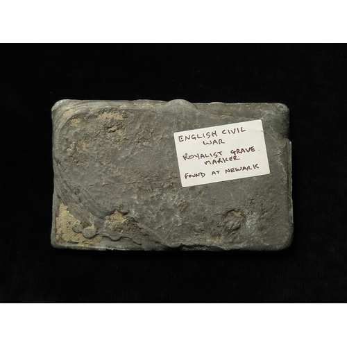 373 - Artefact: Reportedly an English Civil War grave marker (unnamed) found at Newark, made of lead 108x6... 