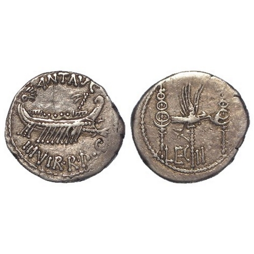 597 - Roman Republican: Marc Antony silver denarius for the 2nd Legion, Legio II, military mint moving wit... 