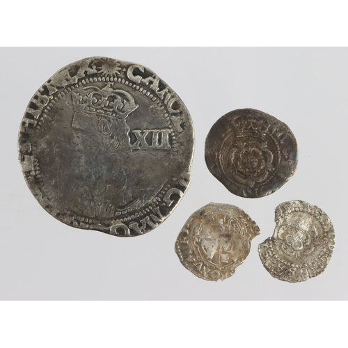 605 - Stuart hammered silver (4): James I thistle/rose Penny mm. lis 0.44g (chipped) GF in places; Charles... 