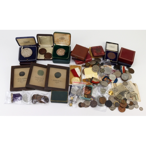 693 - GB & World Coins, Medals etc, an assortment in a shoe box, ancient to modern, silver noted.