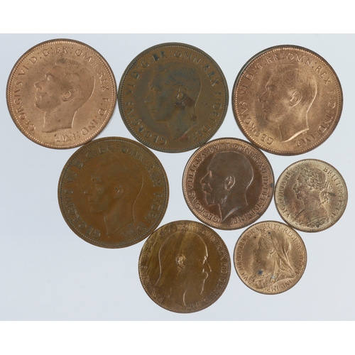 706 - GB Bronze (8) 19th-20thC including Farthing 1885 GEF with lustre, Penny 1950 VF, Penny 1951 VF, etc.