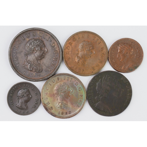 719 - GB Copper (6): Penny 1807 GVF-nEF; Halfpennies: 1694 nF, 1806 chemically cleaned nEF, 1807 aEF trace... 