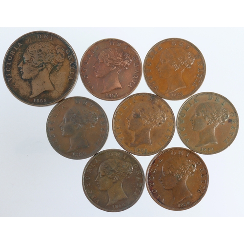 720 - GB Copper (8) QC young head: Penny 1855 PT GF; Halfpennies: 1841 VF, 1844 GF, 1853 dots GVF spots, 1... 