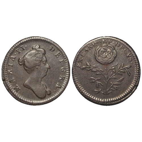 79 - Farthing c.1689 pattern or medalet of Queen Mary, rose type in copper, d.23mm, 5.56g, nVF.