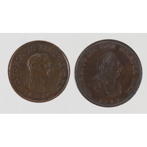 80 - Farthings (2): 1799, 3 berries in wreath, proof-like toned EF, and 1806 K. on trunc. VF