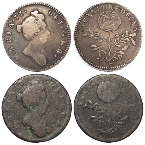 81 - Farthings c.1689 (2) patterns or medalets of Queen Mary, rose type in silver 22mm 2.93g F/GF , and c... 