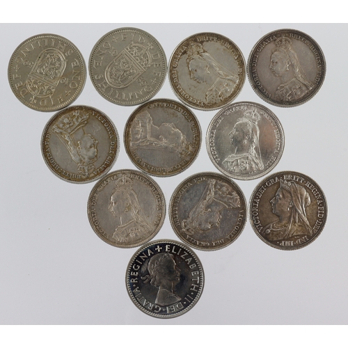 842 - GB Shillings (11): 1887 Jubilee x6 average VF, 1888 nEF, 1898 aEF, 1959 scots EF, ditto nEF, and 197... 