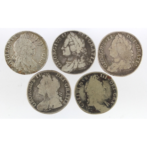 843 - GB Shillings (5) early milled, 1697-1758, Fair-Fine.