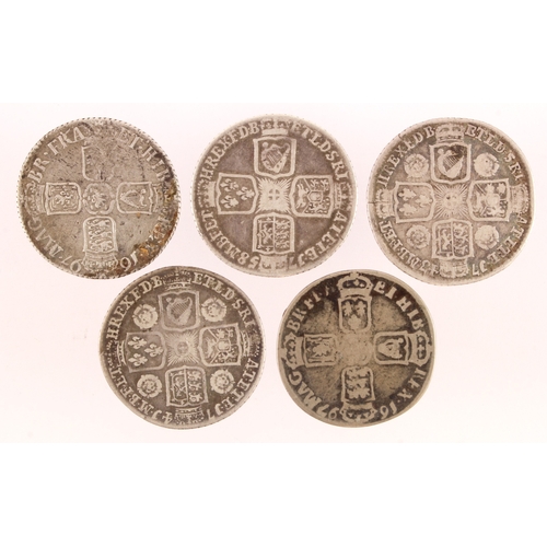 843 - GB Shillings (5) early milled, 1697-1758, Fair-Fine.