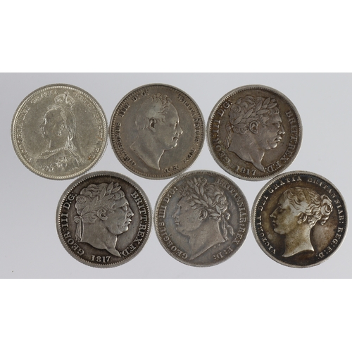 844 - GB Shillings (6): 1817 GF, 1817 aVF, 1824 GF, 1831 GF, 1864 dn21 toned GF, and 1887 Jubilee GVF.