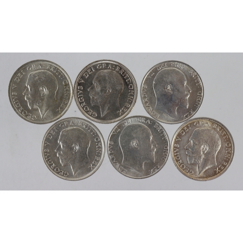 845 - GB Shillings (6): 1910 nEF, ditto GVF; 1916 nEF, 1918 VF-GVF, 1920 EF, and 1932 GEF.