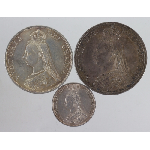 847 - GB Silver (3) QV Jubilee head: Crown 1887 EF, Double-Florin 1887 arabic 1, GEF, and Shilling 1887 aE... 