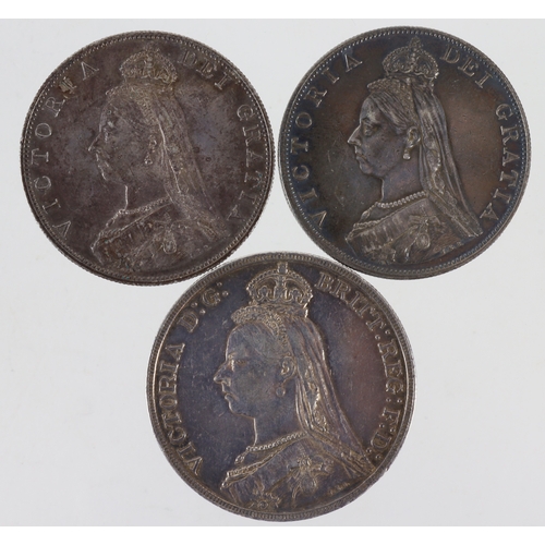 848 - GB Silver (3) QV Jubilee head: Crown 1888 narrow date, toned VF-GVF; Double-Florins: 1887 roman 1 to... 