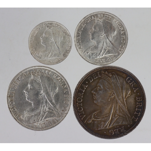 851 - GB Silver (4) QV veiled head: Halfcrown 1900 toned EF, Florin 1900 GVF, Shilling 1901 BU, and Sixpen... 