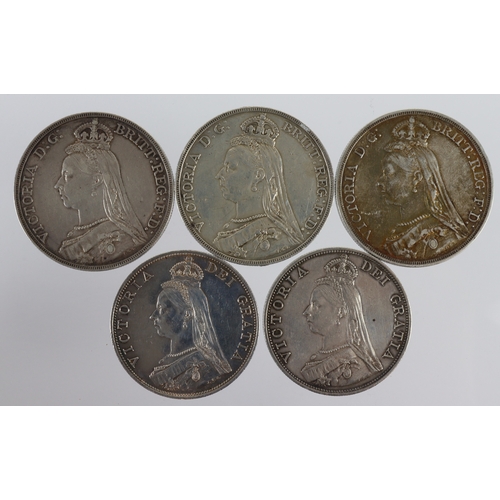 853 - GB Silver (5) QV: Crowns: 1887 x2 VF, 1889 aVF; and Double-Florins 1887 arabic 1 x2 EF.