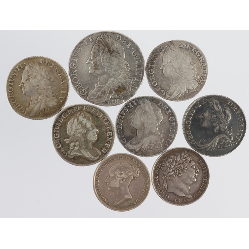 855 - GB Silver (8): Shilling 1745 Lima ex-mount nF; and an assortment of Sixpences 1723SSC to 1841, F-VF.