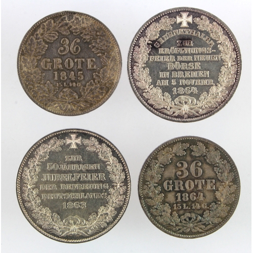 906 - German States, Bremen (4) silver: Thaler 1863, KM# 246, aEF; Thaler 1864B, X# 1, EF hairlines; 36 Gr... 