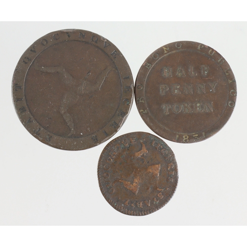 928 - Isle of Man copper (3): Halfpenny 1733 nF, Halfpenny token 1831 GF, and Penny 1798 VG, knocks.