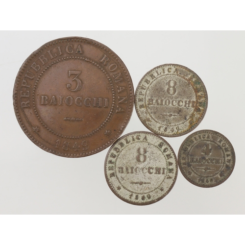 931 - Italian States, Roman Republic (4): 3 Baiocchi 1849R VF, a few edge knocks; 4 Baiocchi 1849B GF; and... 