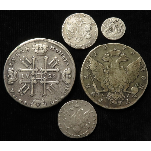 964 - Russian silver coins (5) silver: Rouble 1728 tooled ex-mount VG; Rouble 1775 СПБ ФЛ, C# 67a.2, Fine;... 