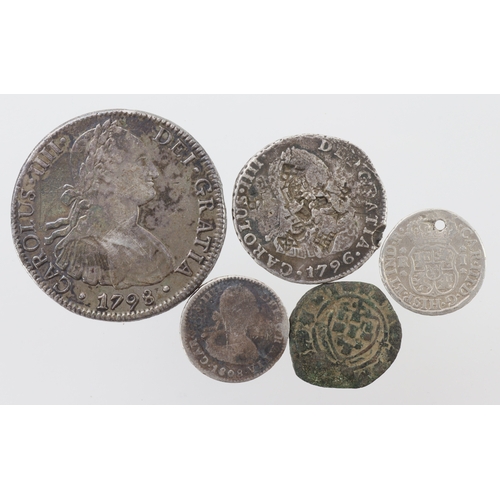 974 - Spain & Spanish Colonial silver (4) and copper (1), including Mexico 8 Reales 1798 Mo FM, nVF, etc.