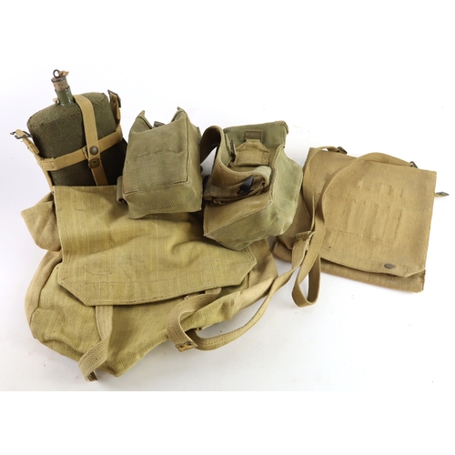 383 - WW2 set of 1937 pattern webbing with pair of pouches, webbing belt, two belts cross straps, large ba... 