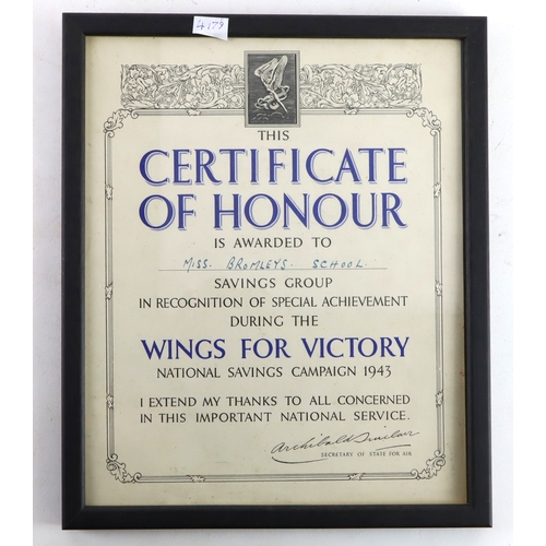 388 - WW2 Victory for wings national savings campaign 1943 framed certificate awarded to Miss Bromley’s sc... 