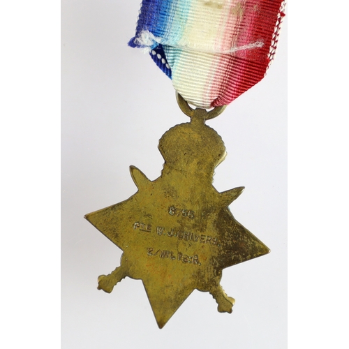 394 - 1914 Star (8755 Pte W J Chivers 2/Wilts R) Killed in Action 16/6/1915 with the 1st Bn. Born Whitley ... 