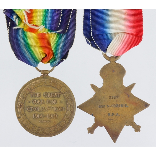 396 - 1914 star and Victory medals to 3337 Gnr M Rougrie 25th BDE RFA.