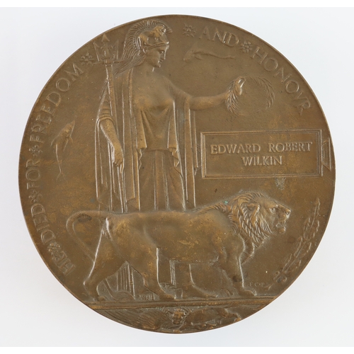 507 - Death Plaque for London 10/1809 Edward Robert Wilkin, Drake Bn RNVR. Killed 9th July 1915 with 'A' C... 