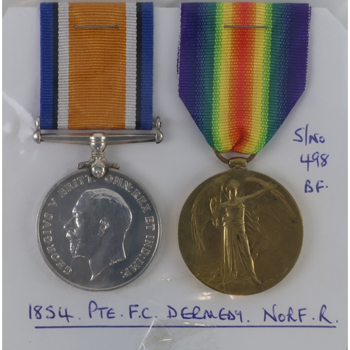 568 - Norfolk Regt WW1 Pair to 1854 Pte C Dermedy, also entitled to a Territorial Force War Medal. Later r... 