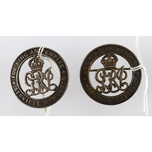 597 - Silver War Badges x2: Silver war badge 368175 (pin horizontal) to Frederick James Whitham, who was d... 