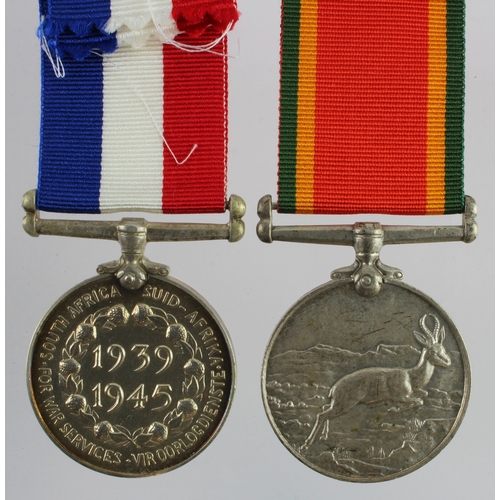 599 - South African medal for war service 1939-1945 with Africa WW2 service medal both unnamed.