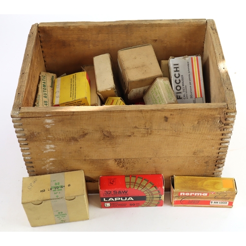 62 - Kynoch Wooden Ammunition Box full of vintage ammunition cardboard boxes, interesting lot  (Qty)