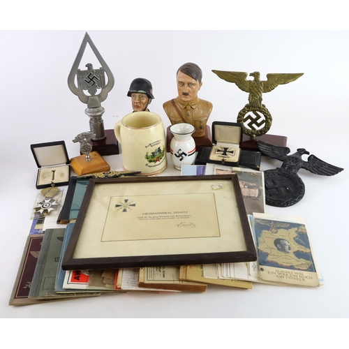 644 - Box of mixed mostly German 3rd Reich items including Medals, badges, service books, paperwork, postc... 