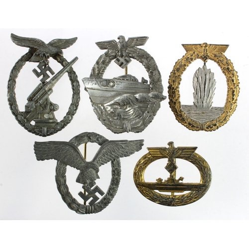 659 - German 3rd Reich badges - Kriegsmarine 2nd Type E-Boat badge, Luftwaffe Flak badge, Luftwaffe Pilots... 