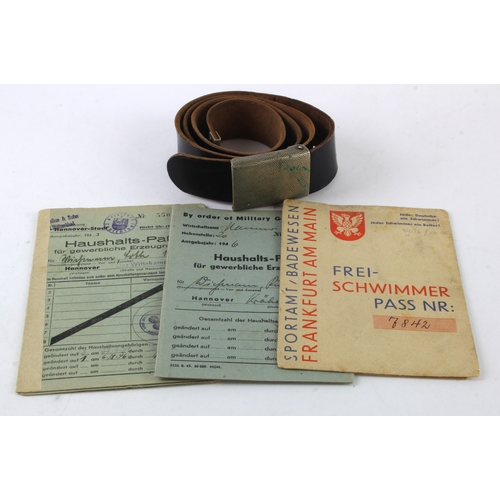 673 - German 3rd Reich Hitler youth junior league belt and free swimmer pass.