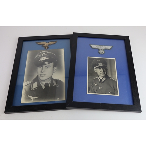 790 - German Luftwaffe officers framed portrait photo with Army officers framed photo both with cloth brea... 