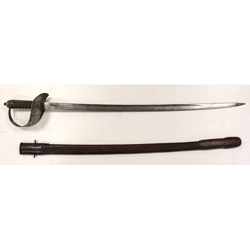 81 - Sword 1897 NCO sword with plain slightly curved blade with various inspectors marks in its unusual l... 