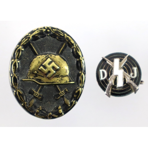 718 - German D J Shooting Award, maker marked 'M1/128'. With Black Wounds Badge combat worn  (2)