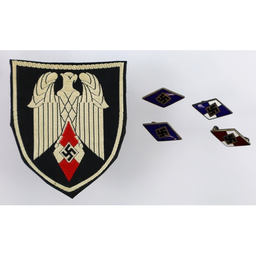 735 - German Hitler Youth and BDU membership badges x4, plus a cloth badge  (5)