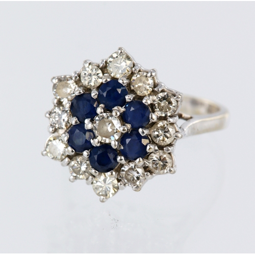 102 - 18ct white gold sapphire and diamond double daisy cluster ring, six round sapphires and thirteen rou... 