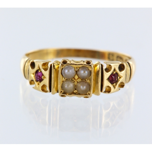 106 - 18ct yellow gold seed pearl and ruby ring, hallmarked Birmingham 1890, finger size R, weight 2.9g