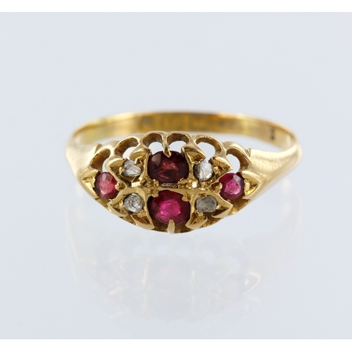 18ct yellow gold ruby and diamond boat shaped cluster ring, four rubies ...