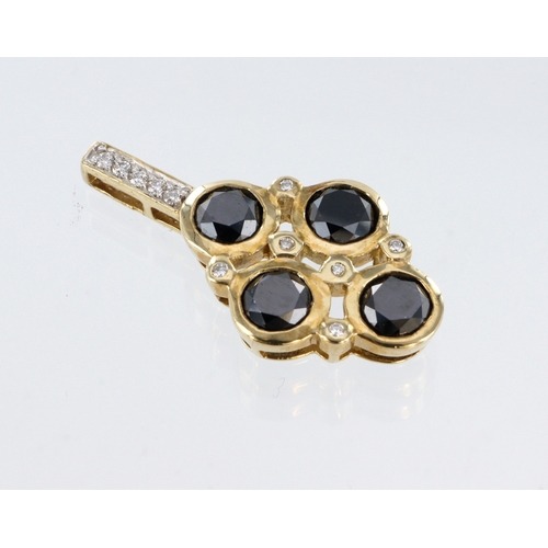 482 - 9ct yellow gold diamond pendant, four round brilliant cut black diamonds and eleven secondary colour... 