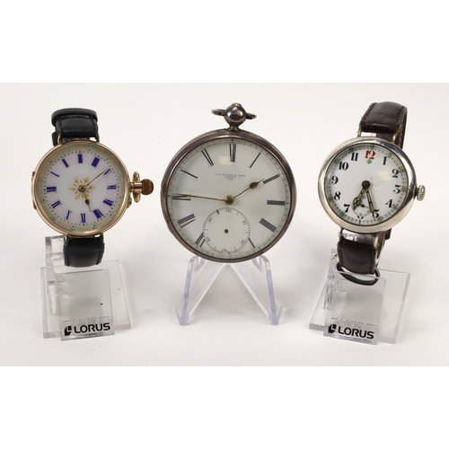 577 - Watches. A group of three watches comprising one 9ct gold wristwatch on a black leather strap, white... 